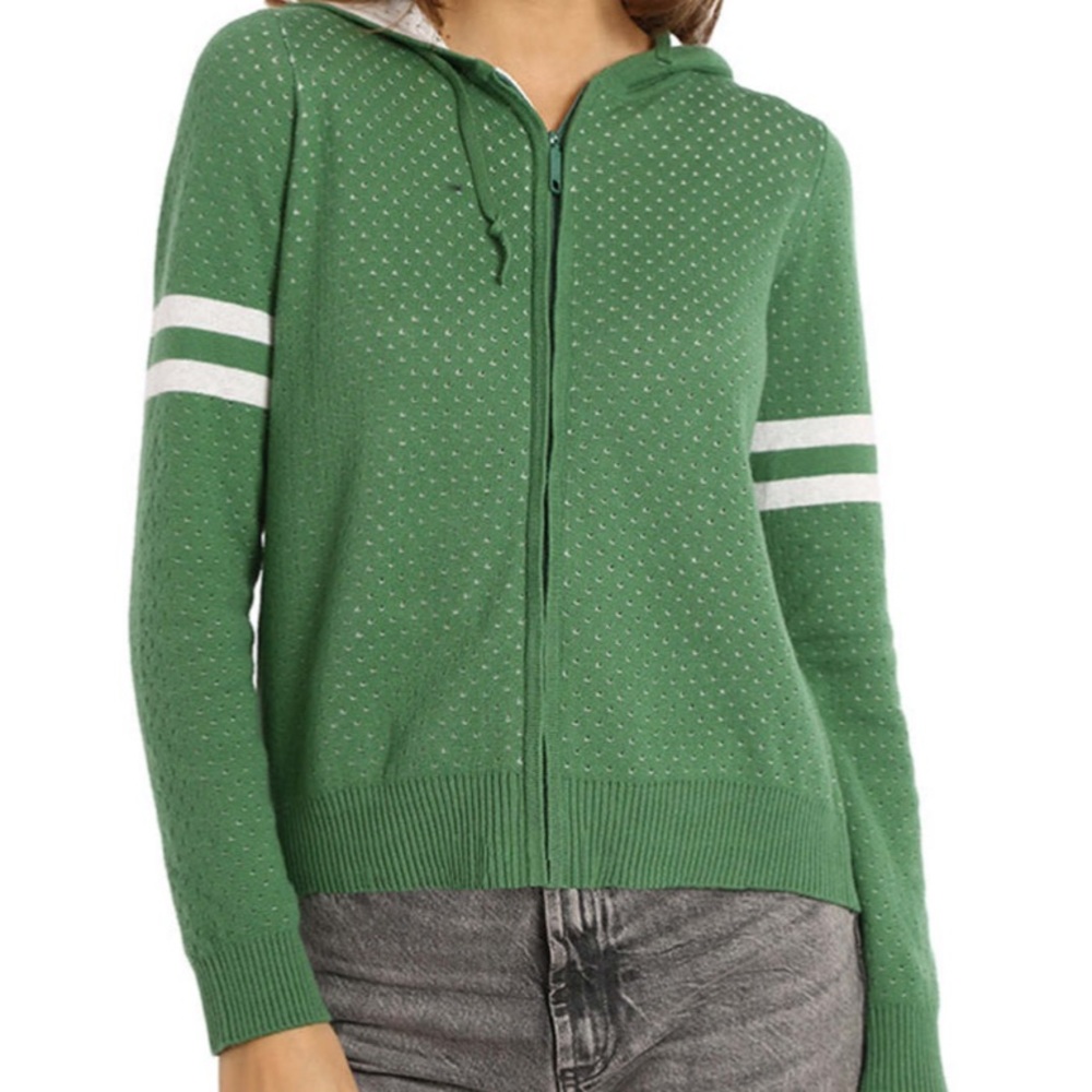 NWOT Minnie Rose Green Zip-Up Hoodie with White Stripes